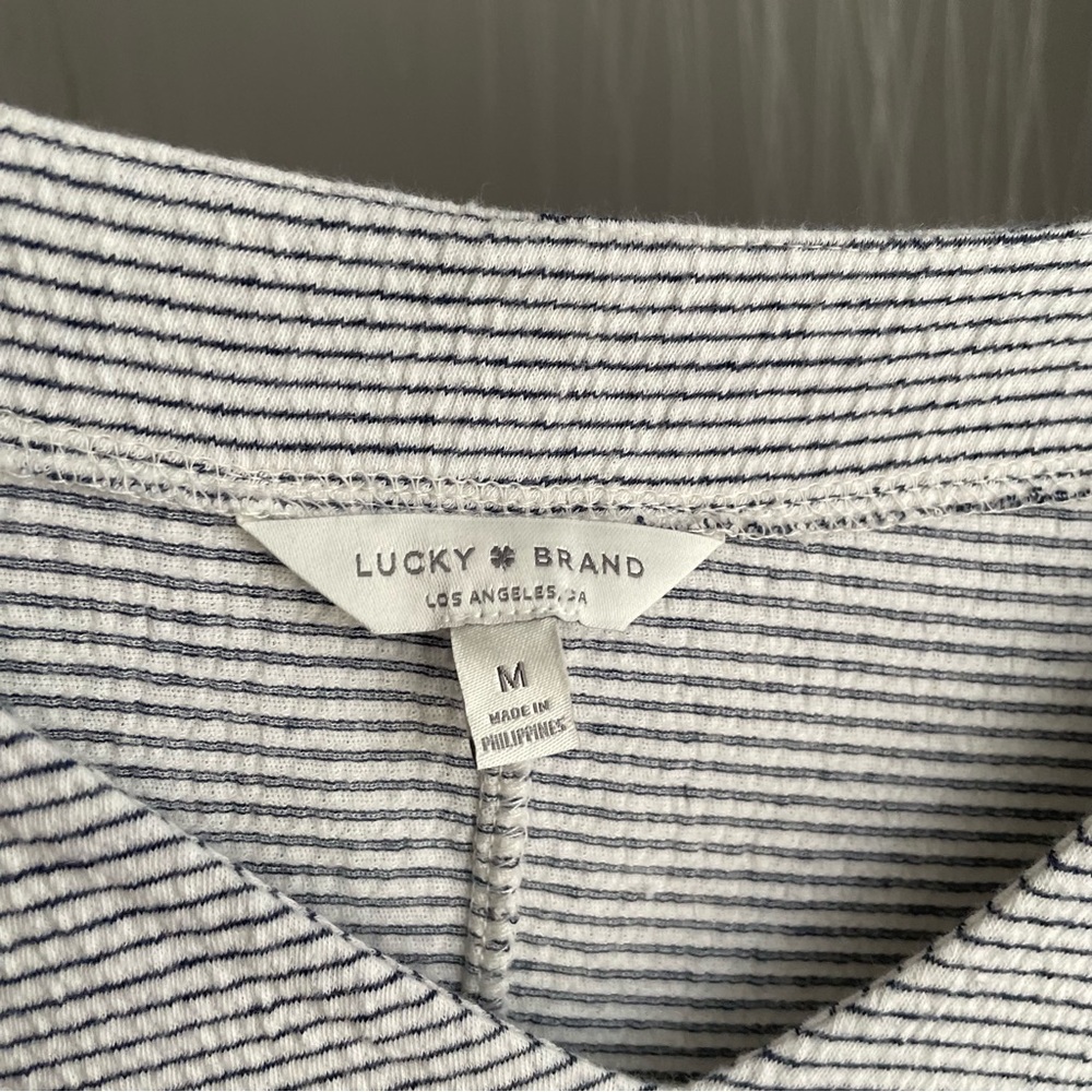LUCKY BRAND Dress Women’s Medium Stripe Ruffle Bell Sleeve Knit Mini Shirt Dress - Picture 6 of 11